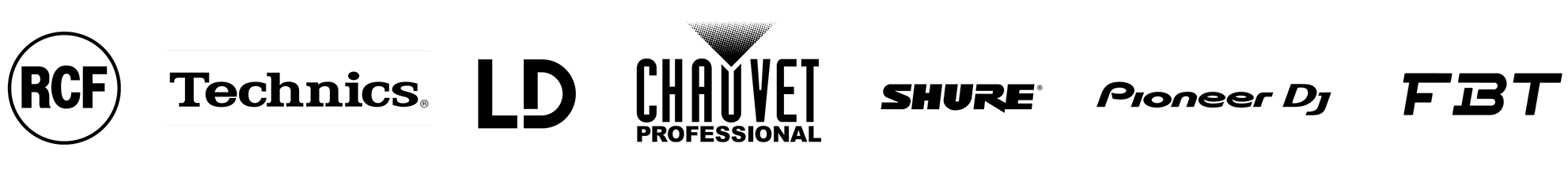Brand logos: Pioneer DJ, Technics, RCF, Shure, Chauvet, FBT, LD Systems